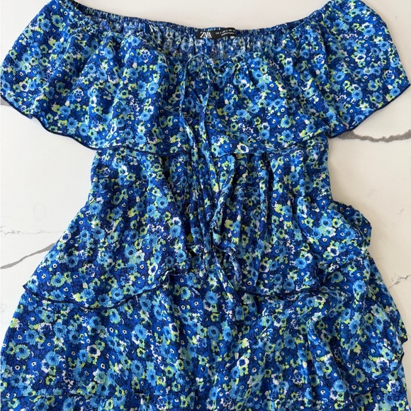 Zara Blue Floral Off Shoulder Ruffle Dress Romper Size L - Picture 4 of 10